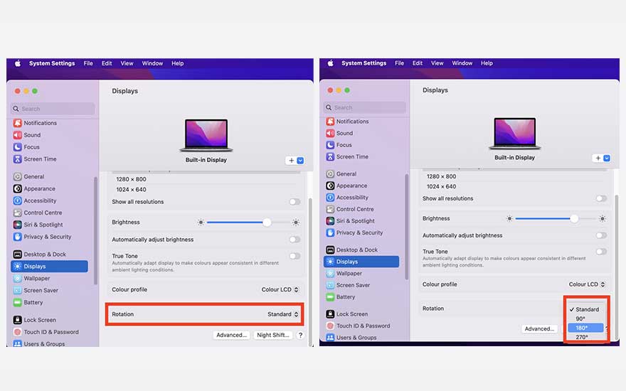 Deux écrans d'un menu système d'un ordinateur affichent les paramètres d'affichage, y compris les options de rotation.