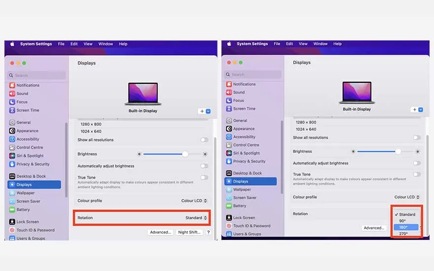 Deux écrans d'un menu système d'un ordinateur affichent les paramètres d'affichage, y compris les options de rotation.