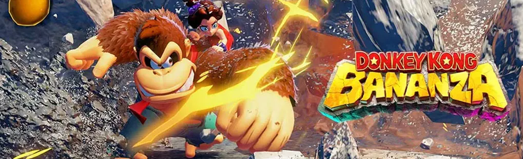 Donkey Kong bondit à travers une explosion de rayons colorés et de débris rocheux, avec Pauline sur son dos dans une action spectaculaire.