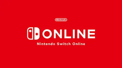 Dit is een rode afbeelding met het witte logo en de tekst "Nintendo Switch Online", samen met een Nintendo-logo bovenaan het midden.