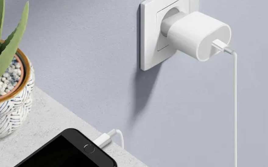 Op een lichtgrijze achtergrond is een zwart mobieltje met een witte kabel te zien, die in een wit stopcontact zit. Links staat een plant.