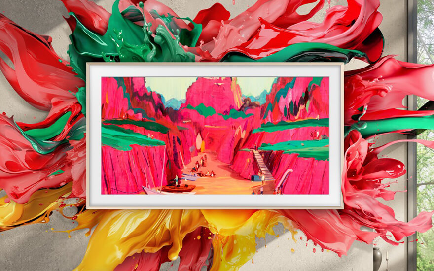 Een wit omlijst schilderij toont een rood landschap met groene accenten, omringd door verfspatten in rood, groen en geel.