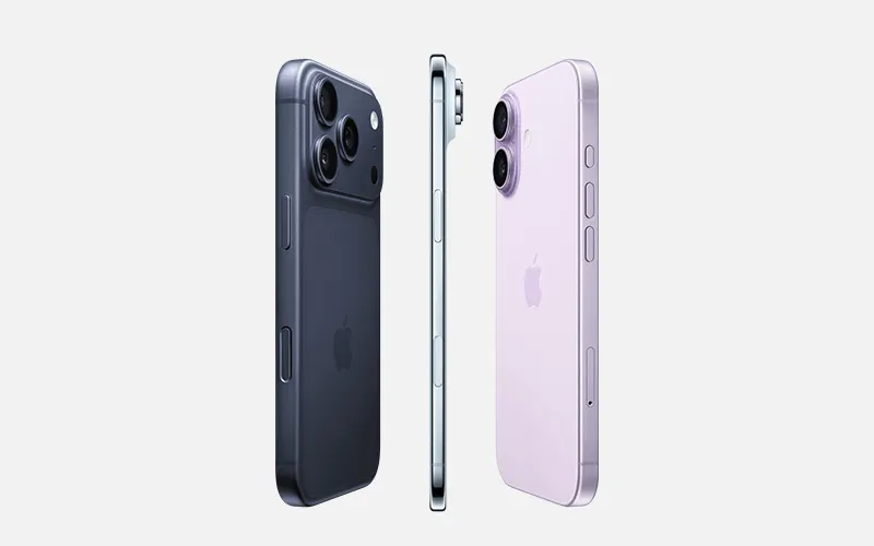 Three smartphones side view: dark blue back, silver front frame, and purple back with dual cameras.