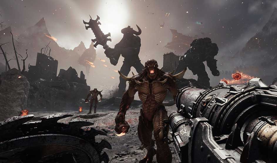 Demonen en reusachtige monsters vallen aan in een duister, apocalyptisch landschap. Merk: DOOM.