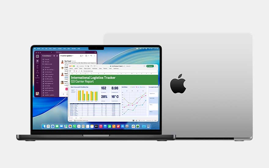 Een moderne MacBook-laptop met open scherm toont zakelijke software en Excel-rapportages, met het Apple-logo duidelijk zichtbaar op de achterkant.