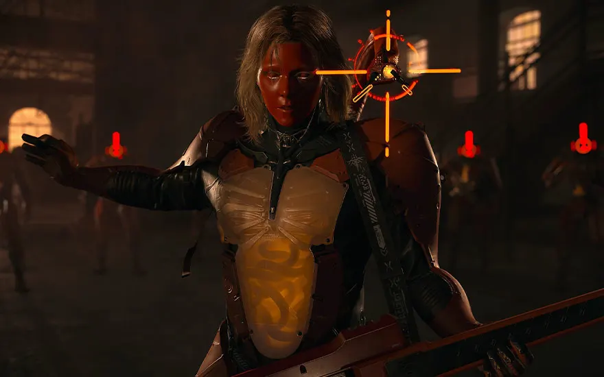 Un personnage féminin en équipement futuriste avec visière orange se tient dans un environnement sombre avec des lumières rouges.