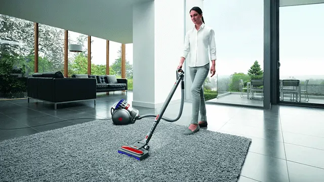 Un aspirateur gris sur un tapis gris dans un salon moderne avec de grandes fenêtres et un canapé sombre.