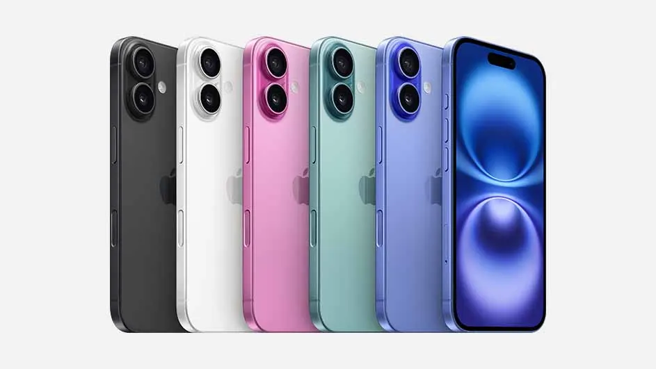 Zes iPhones staan zij aan zij, van zwart naar wit, roze, groen, lila, tot blauw met scherm.