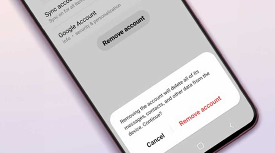 Screenshot van een smartphone met de optie 'Account verwijderen' en een waarschuwing over gegevensverlies.
