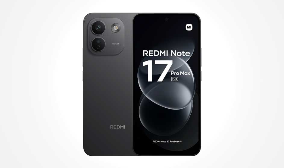 Un Redmi Note 17 Pro Max noir est présenté de face et de dos. L’arrière possède deux caméras, tandis que l’écran affiche clairement le nom du modèle.