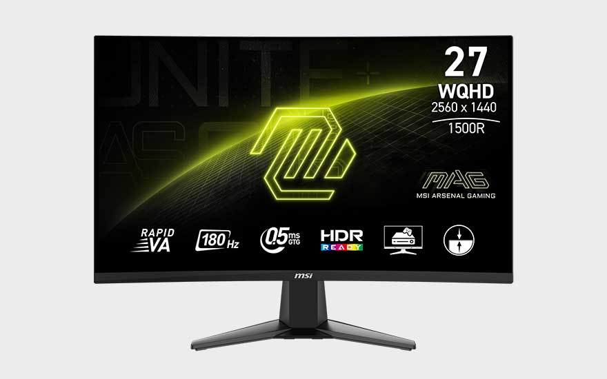 Een gebogen MSI-gamemonitor staat op een brede voet en vermeldt 27 inch, WQHD, 180 Hz, HDR en een reactietijd van 0,5 milliseconde.