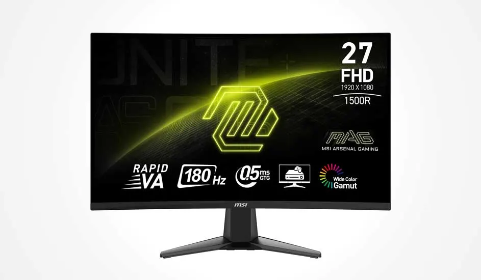 Écran gaming MSI incurvé 27" FHD avec lueur jaune, 180 Hz, 0,5 ms et large gamut de couleurs pour un jeu fluide.