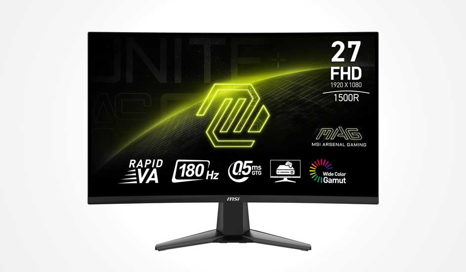Curved MSI gaming monitor shows 27" FHD display with yellow glow, 180 Hz, 0.5 ms and wide colour gamut for fluid play.