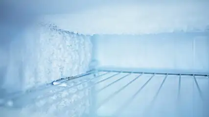 Een koelkast met ijsvorming op de wanden en metalen rekken. De kleur is blauwachtig.