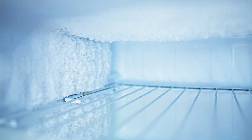 Intérieur de congélateur avec givre sur les parois et étagères métalliques. L'image est dominée par des tons de bleu et blanc.