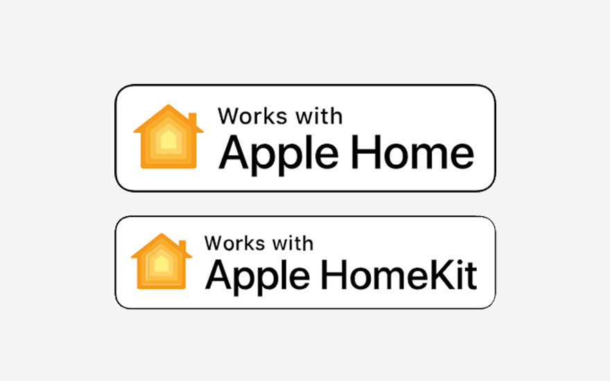 Deux logos "Works with Apple Home" et "Works with Apple HomeKit" avec une icône de maison orange.