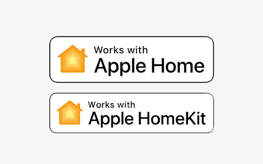 Deux logos "Works with Apple Home" et "Works with Apple HomeKit" avec une icône de maison orange.
