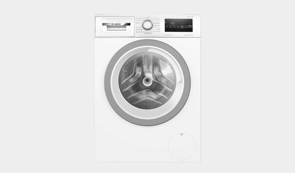White front-loading washing machine with round silver door and empty metal drum, plus detergent drawer, control dial and clear digital display on top.