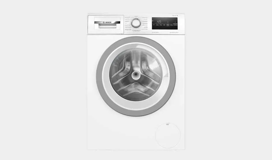 White front-loading washing machine with round silver door and empty metal drum, plus detergent drawer, control dial and clear digital display on top.
