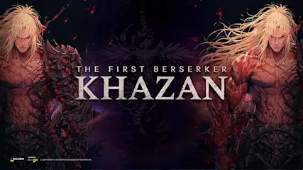 Twee krijgers flankeren "THE FIRST BERSERKER KHAZAN" tegen een donkere achtergrond met rode accenten en een gestileerde vogel.
