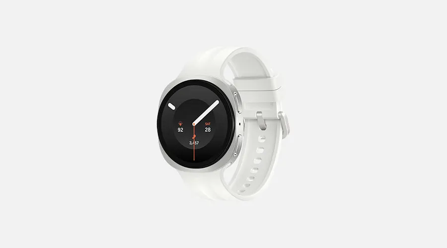 Samsung Galaxy Watch9 met minimalistische digitale wijzerplaat, in de kleur wit.