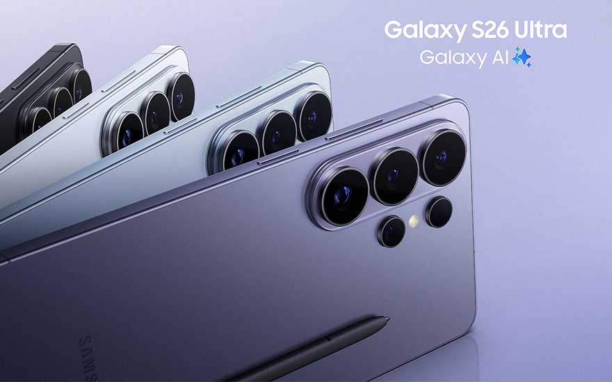 Meerdere Galaxy S26 Ultra smartphones waaieren in verschillende metallic kleuren uit, waarbij de grote cameramodules en “Galaxy AI” nadrukkelijk opvallen.