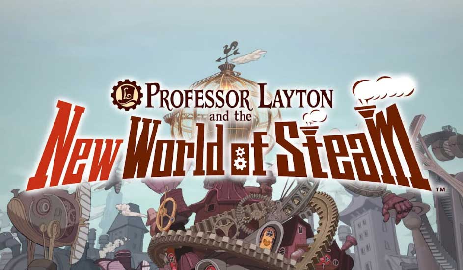 Illustratie met de titel "Professor Layton and the New World of Steam" in bruine letters, met steampunk-achtige illustraties.