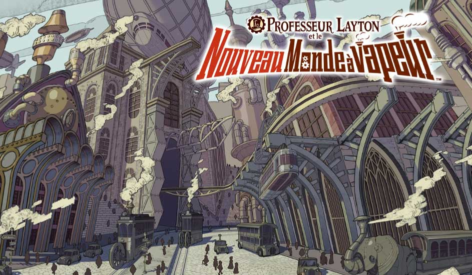 Une ville aux bâtiments victoriens avec des dirigeables et des véhicules à vapeur. Ciel bleu clair. Style bande dessinée.