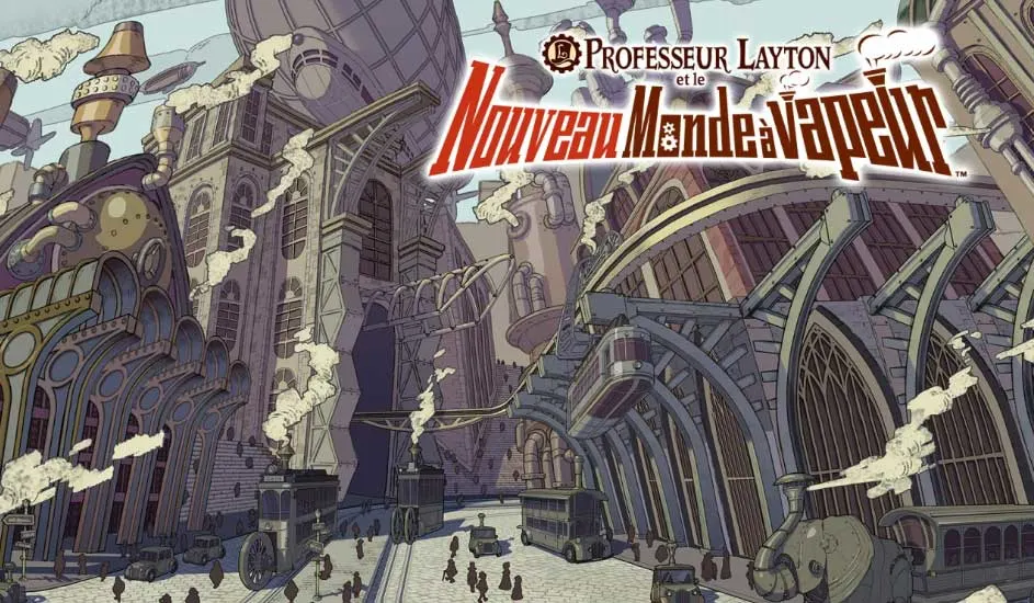 Une ville aux bâtiments victoriens avec des dirigeables et des véhicules à vapeur. Ciel bleu clair. Style bande dessinée.
