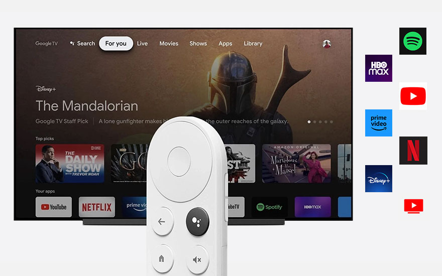 Een Google TV-interface met een afstandsbediening ervoor, met apps zoals Netflix, YouTube en Disney+.