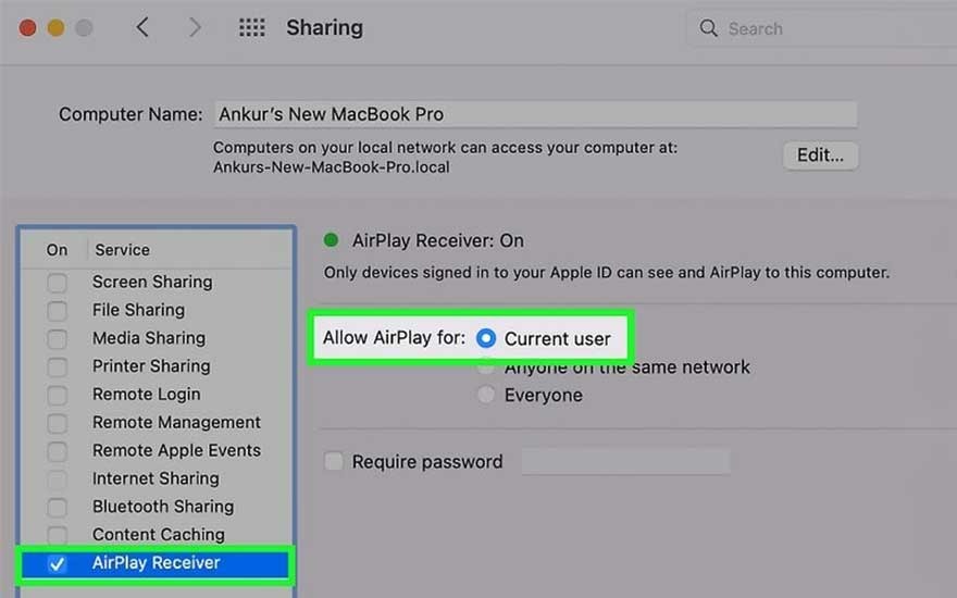 Capture d'écran des paramètres de partage sur un MacBook Pro, avec AirPlay Receiver sélectionné et activé.