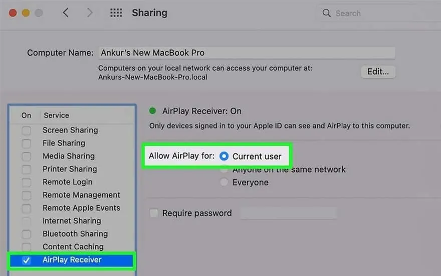 Een macOS-scherm met 'Delen'-voorkeuren. AirPlay-ontvanger is ingeschakeld voor de huidige gebruiker.