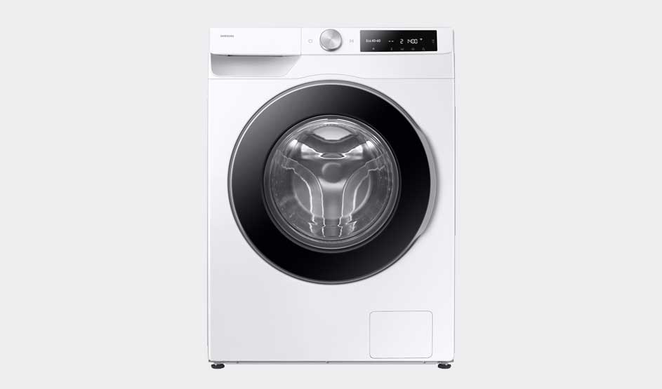 White Samsung washing machine with large black circular door, empty drum, slim digital display and control knob on top, shown from the front.