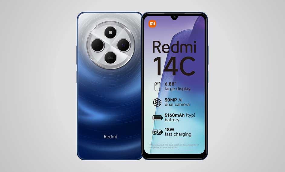 Twee Redmi 14C telefoons. Een toont een blauwe achterkant met een ronde camera. De andere heeft een scherm met specificaties.