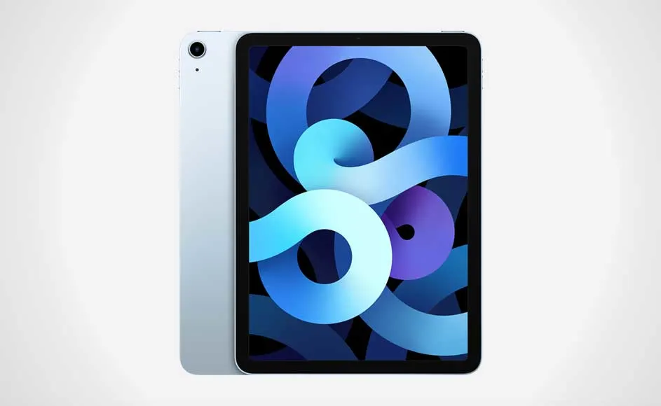 Twee blauwe iPads staan op een witte achtergrond. Eén iPad toont een blauw abstract patroon.