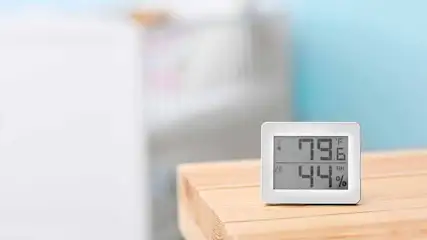 Thermomètre blanc sur bois, affichant 79,6 °F et 44 % d'humidité. Arrière-plan flou avec un appareil blanc et un mur bleu.