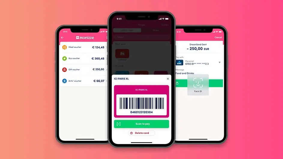 Drie smartphones tonen een app met vouchers, een barcode en betalingsopties op een roze achtergrond.