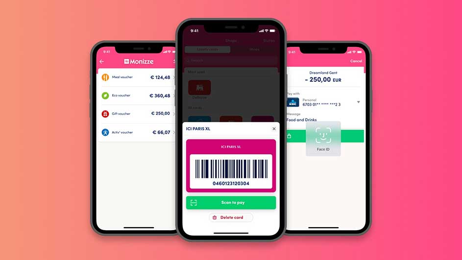 Trois smartphones affichent une application avec des coupons et un code-barres rose pour "ICI PARIS XL".