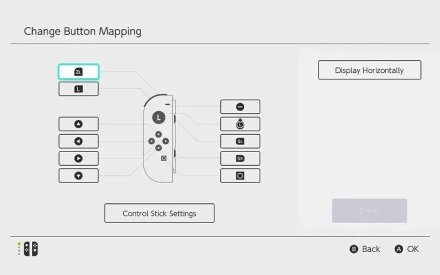 Menu pour modifier l’attribution des boutons sur Switch, présentant les boutons et réglages de manière claire.