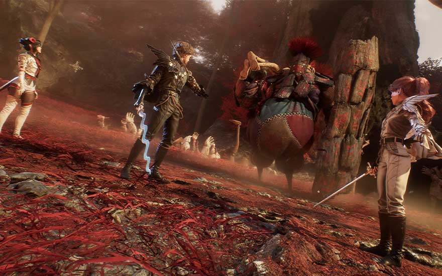 Dans un décor forestier rougeoyant, des personnages fantastiques se tiennent sur un terrain accidenté. Des arbres imposants dominent l'arrière-plan.