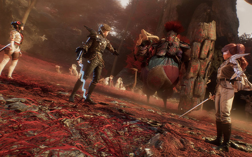 Op een rode helling staan figuren met zwaarden en fantasiekleding. De achtergrond is een bos met vreemde vormen.