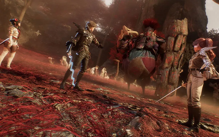 Op een rode helling staan figuren met zwaarden en fantasiekleding. De achtergrond is een bos met vreemde vormen.