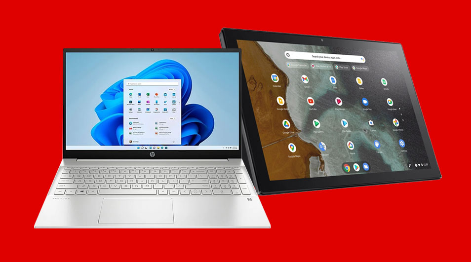 Een zilveren laptop met Windows en een zwarte tablet met Chrome OS tegen een rode achtergrond.