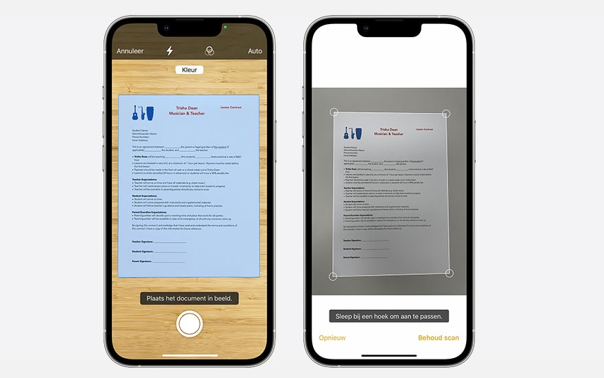 Twee iPhones tonen een document scan-app. Links: document in kleur. Rechts: zwart-wit scan, klaar om te bewaren.