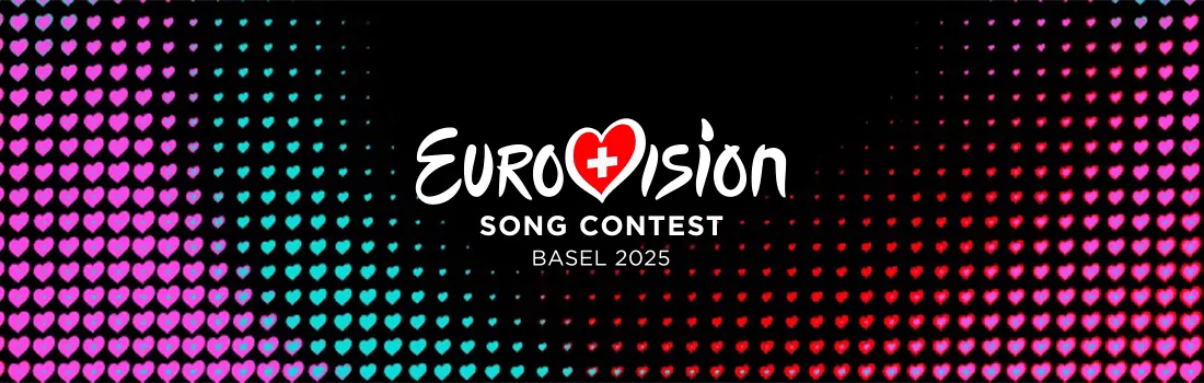 Logo Eurovisiesongfestival Basel 2025, met rood hart met kruis. Achtergrond van blauwe, roze en rode hartjes.