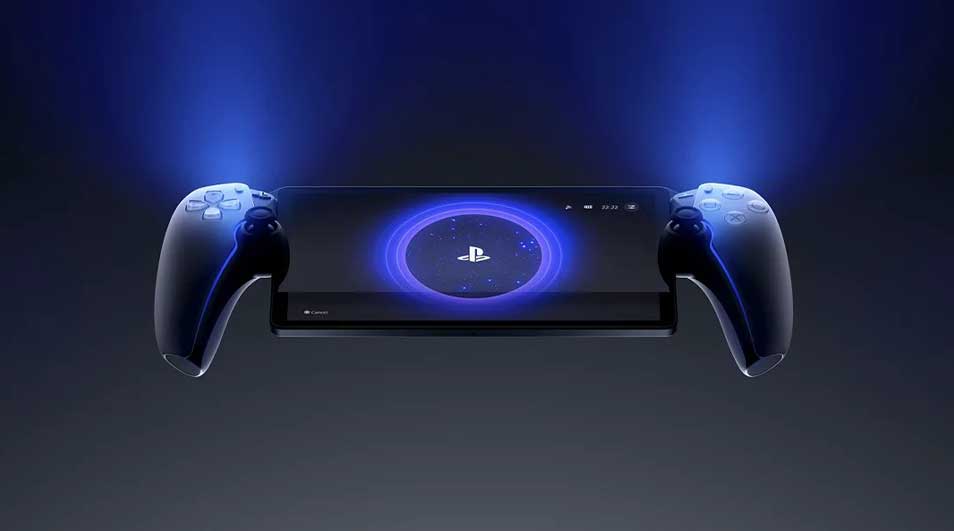 Une console noire avec deux manettes bleues. Un logo PlayStation est au centre, entouré d'un cercle bleu lumineux.