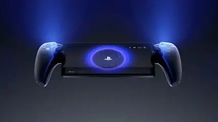 Een zwarte spelcomputer met blauwe accenten en twee gamecontrollers aan de zijkanten, tegen een donkerblauwe achtergrond.