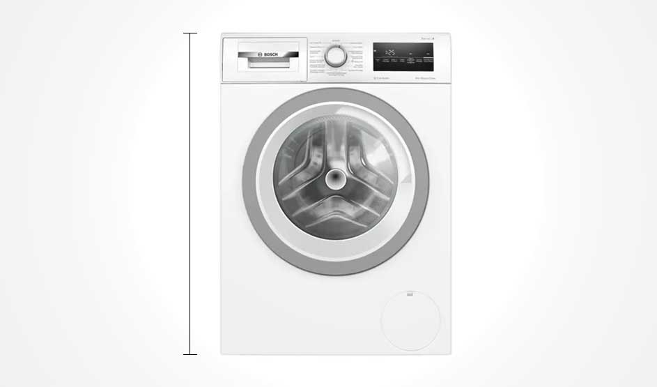 Witte Bosch‑wasmachine met grote ronde deur en display bovenaan, frontaal op egale achtergrond, met zwarte verticale hoogtelijn links.