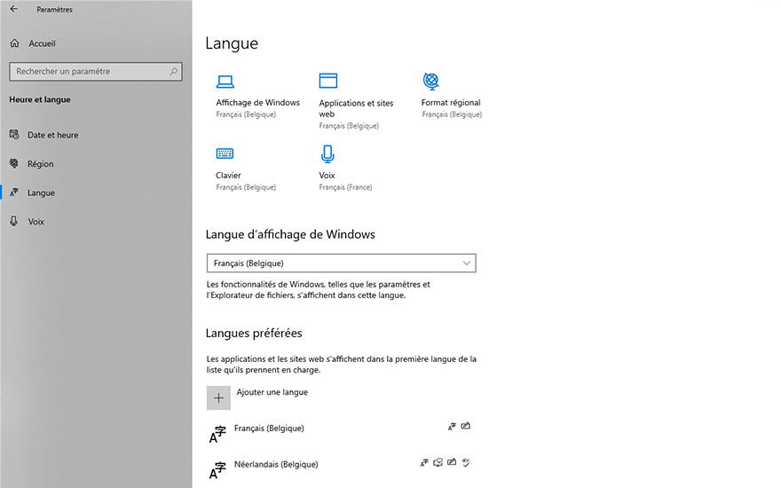 Panneau de configuration Windows affichant les paramètres de langue avec le français et le néerlandais.