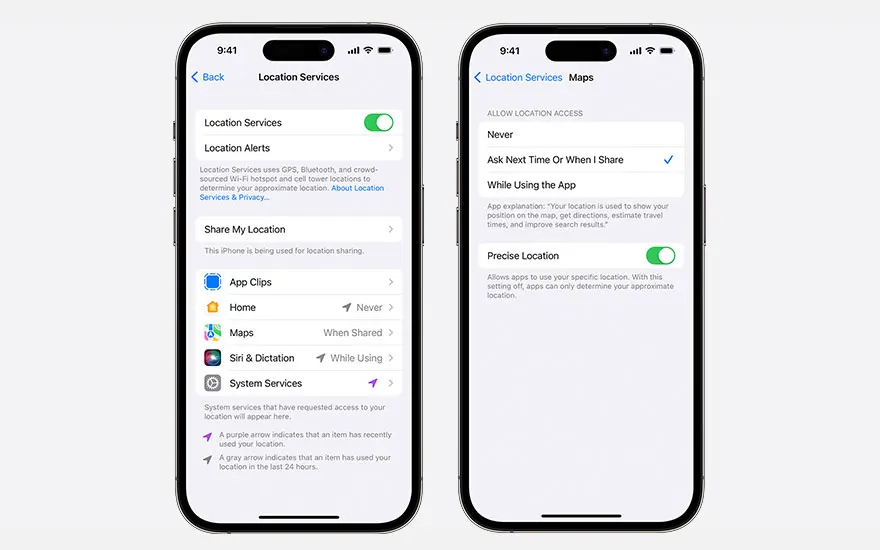 Deux iPhones affichent des paramètres de localisation. L'un montre "Services de localisation", l'autre "Cartes", avec des options d'accès.